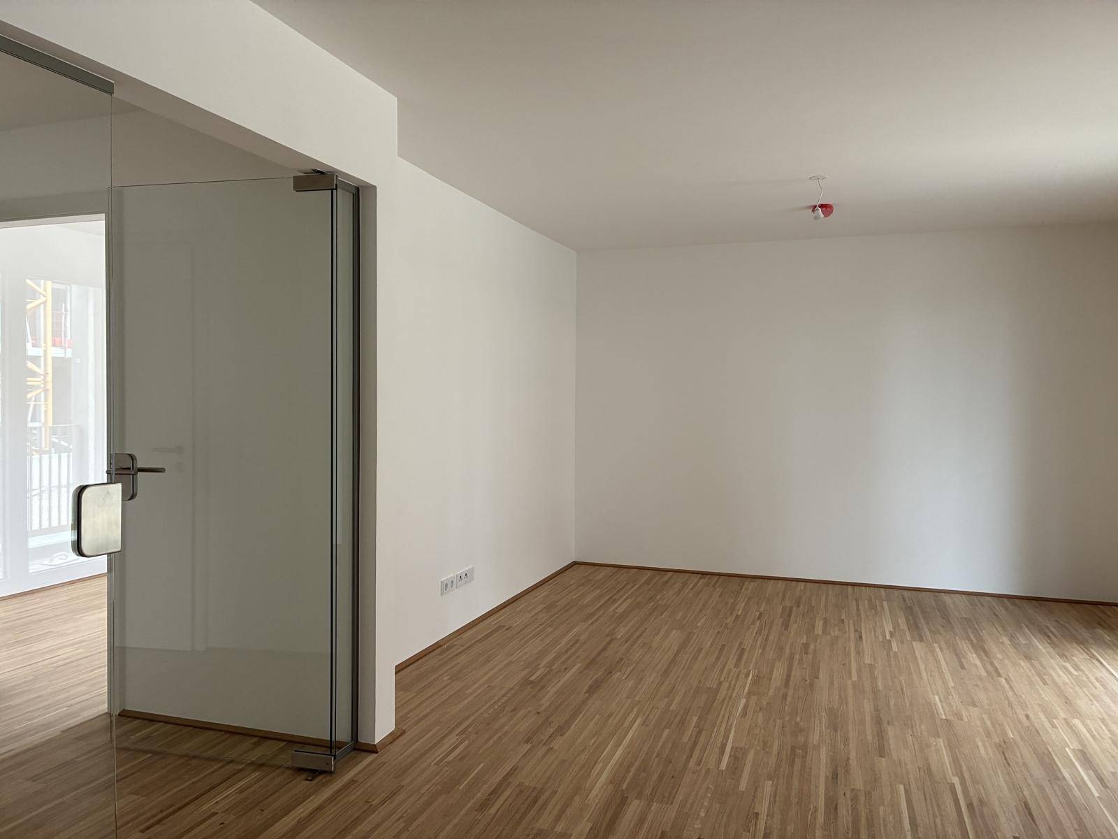 Heller, leerer Raum mit Holzboden und einer modernen Glastür, bereit zur individuellen Einrichtung.