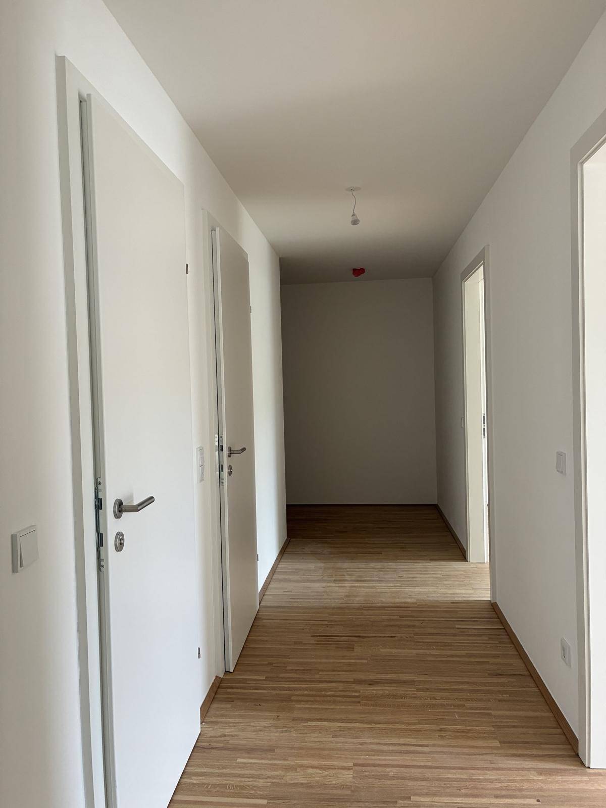 Heller Flur mit Holzboden und weißen Türen, der einen einladenden Eingangsbereich schafft.