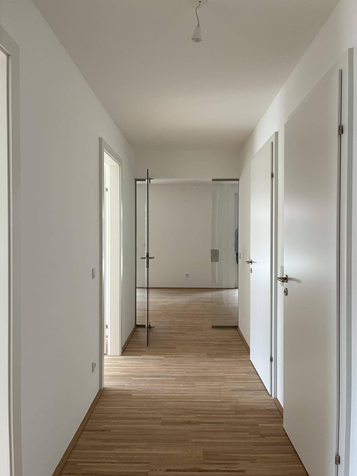Moderner Flur mit Holzboden und mehreren Türen, der die verschiedenen Wohnbereiche verbindet.