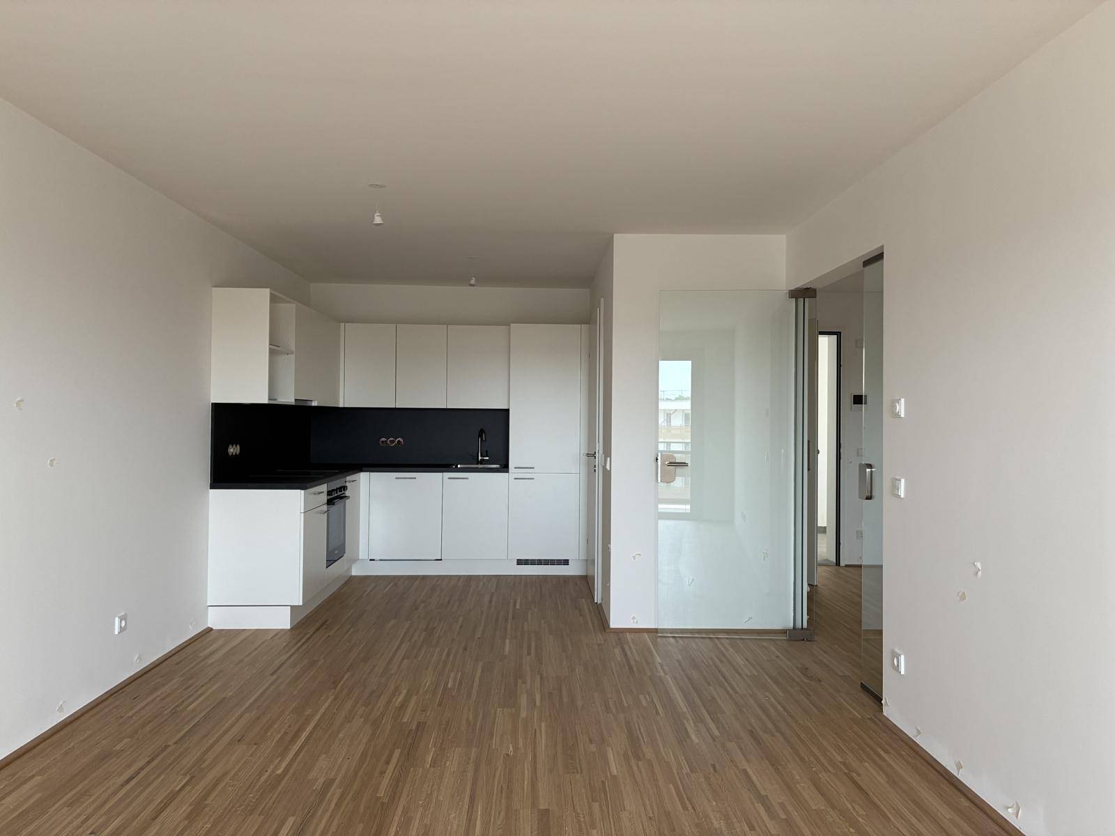 Moderne Einbauküche mit weißen Schränken und dunkler Arbeitsplatte in offenem Wohnbereich.