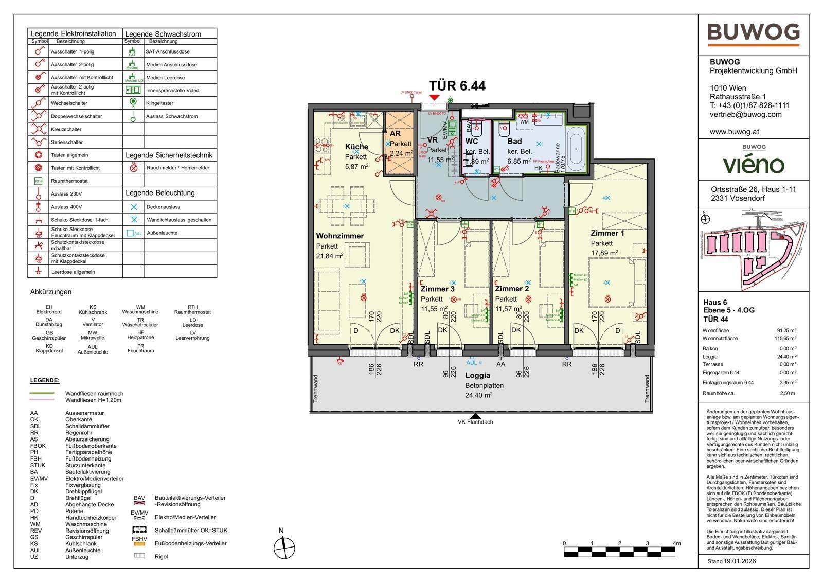 Detaillierter Grundriss einer Wohnung mit mehreren Zimmern und einer Loggia.