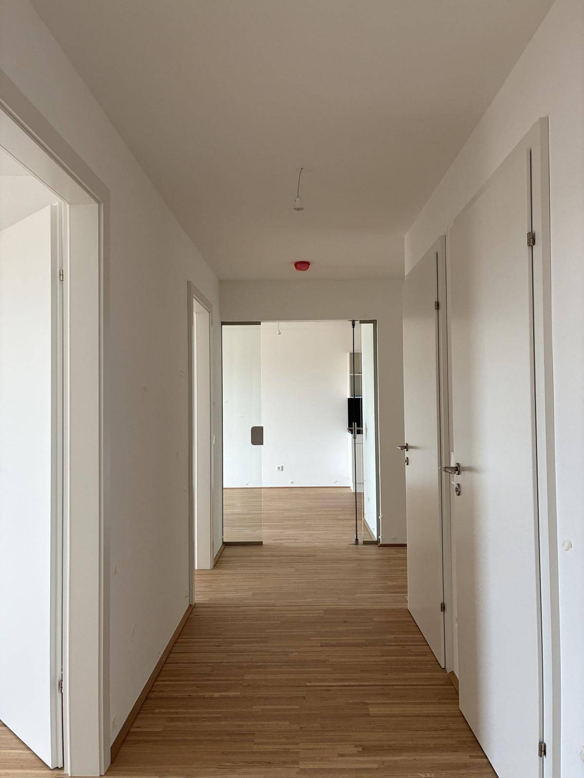 Heller Flur mit Holzboden und Türen, der verschiedene Räume miteinander verbindet.