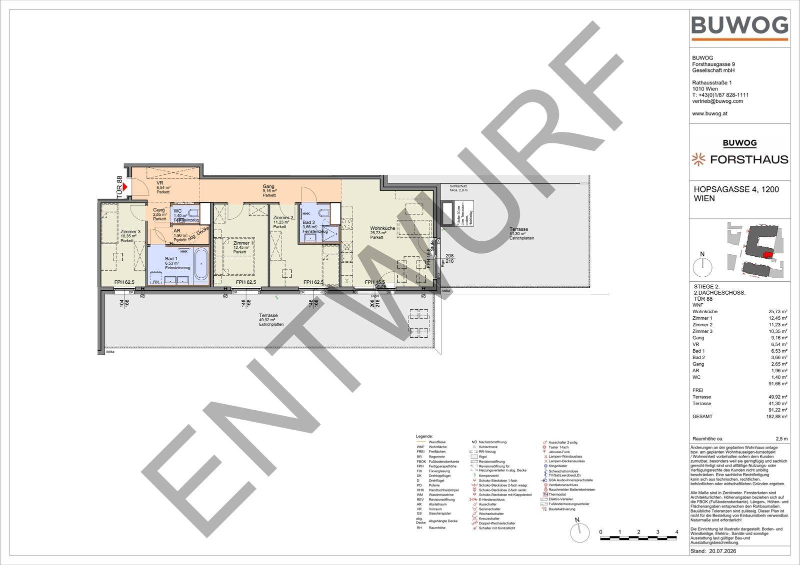 Grundriss einer Wohnung mit drei Zimmern, zwei Bädern und einer großzügigen Terrasse.