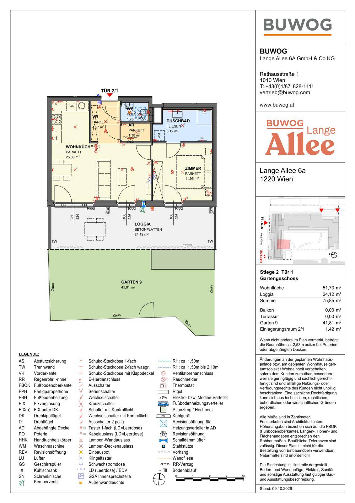 Detaillierter Grundriss einer Wohnung mit Loggia und Gartenanteil im Erdgeschoss.