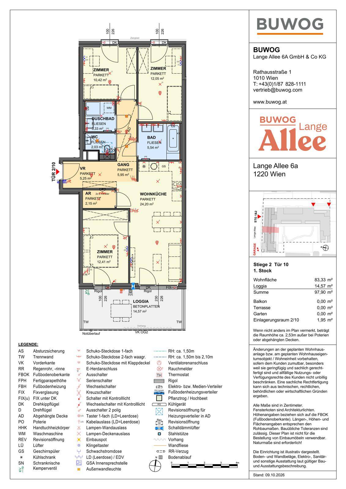 Grundriss einer Wohnung mit offener Wohnküche, zwei Bädern und Loggia.