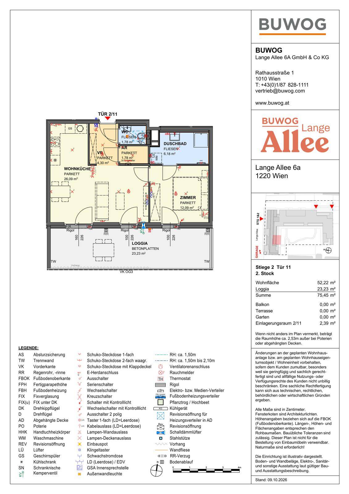 Detaillierter Grundriss einer Wohnung mit Loggia, zwei Zimmern und separatem Duschbad.