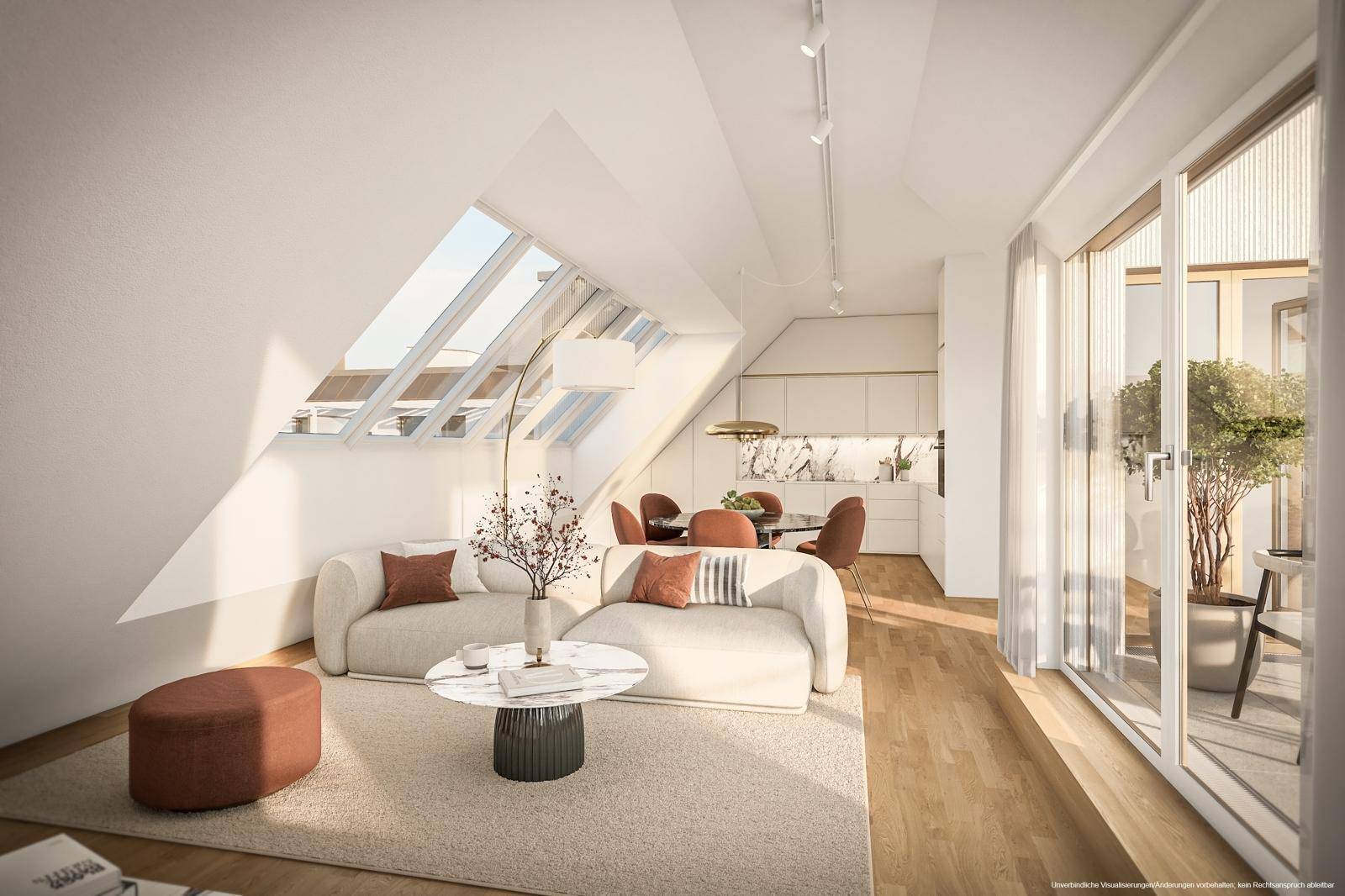 Heller Wohn- und Essbereich im Dachgeschoss mit großen Dachfenstern, modernem Sofa und Holzboden.