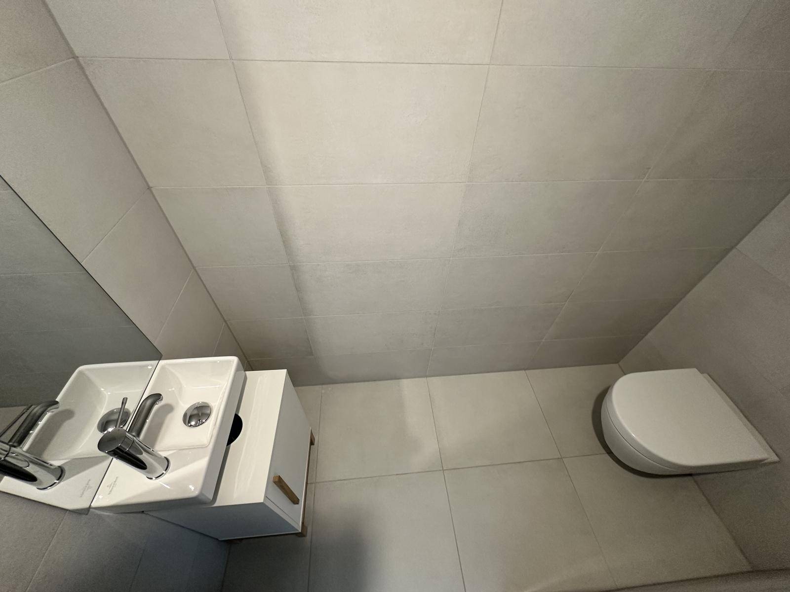Kleines Gäste-WC mit modernem Waschtisch und Wand-WC, praktisch und platzsparend.