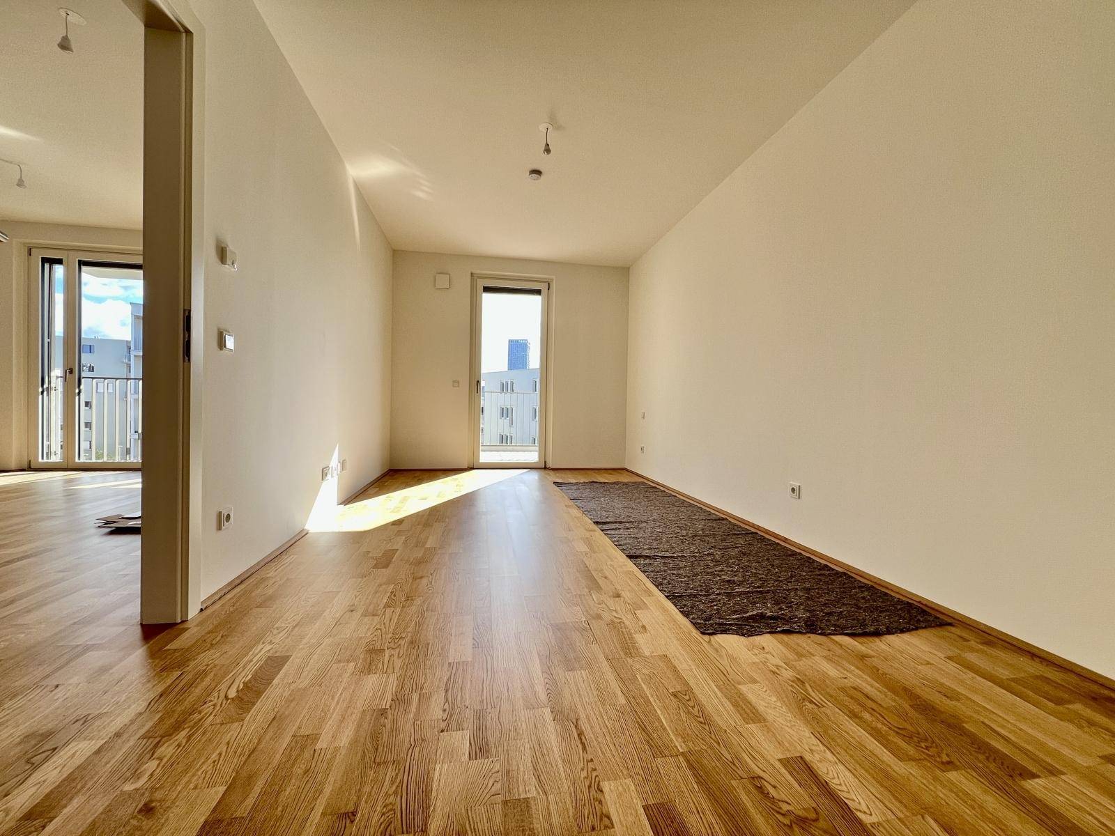Langer Wohnraum mit Parkettboden und Zugang zu einem Balkon, vielseitig nutzbar.