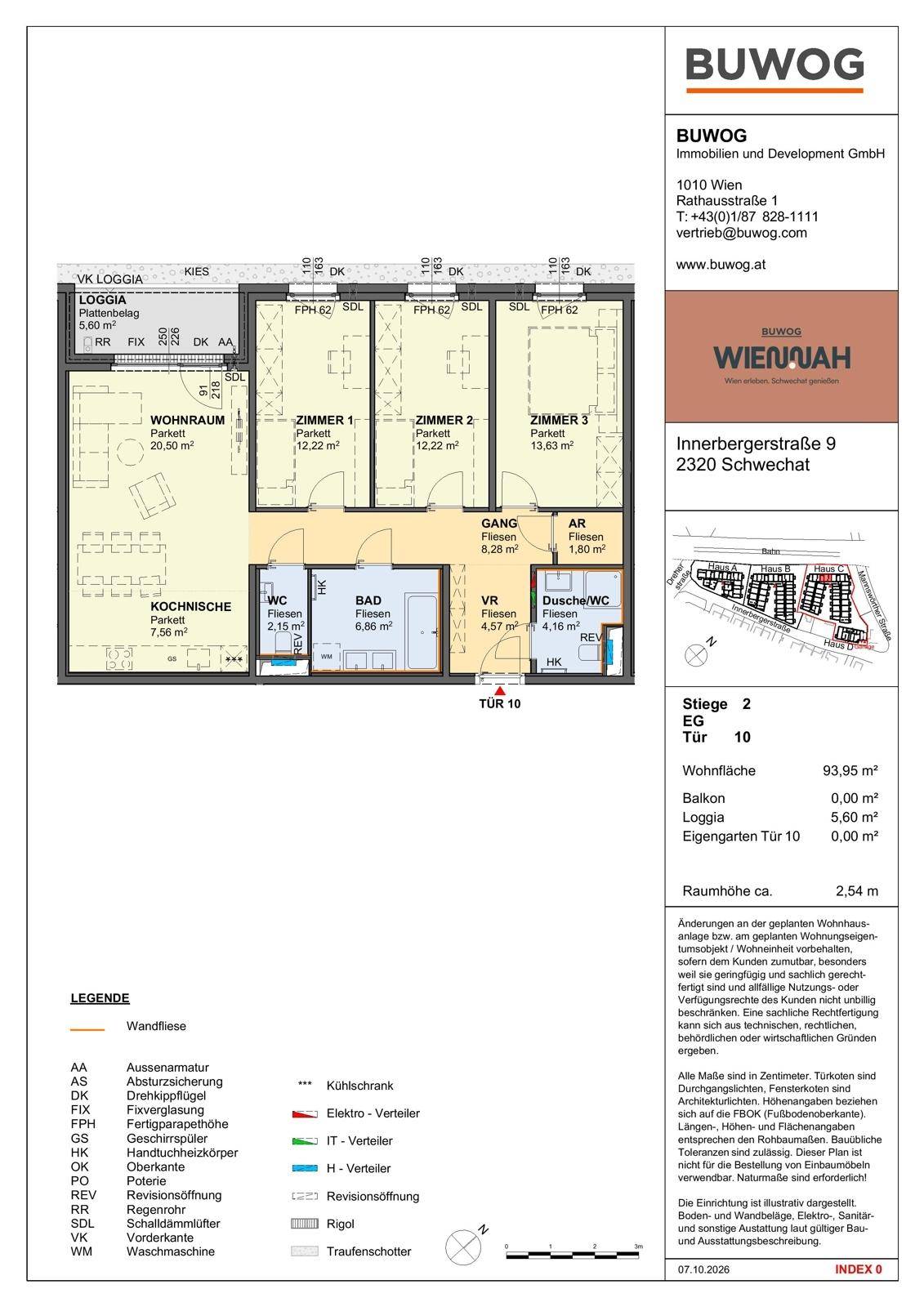 Detaillierter Grundriss einer Wohnung mit Wohnraum, Kochbereich, drei Zimmern, Bad und Loggia.