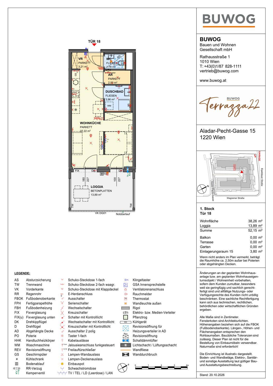 Grundriss einer Wohnung im 1. Stock mit Wohnküche, Bad, Loggia und Abstellraum.