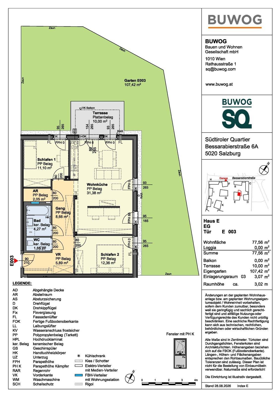 Grundriss einer Wohnung mit Wohnküche, zwei Schlafzimmern, Bad, WC, Terrasse und großem Garten.