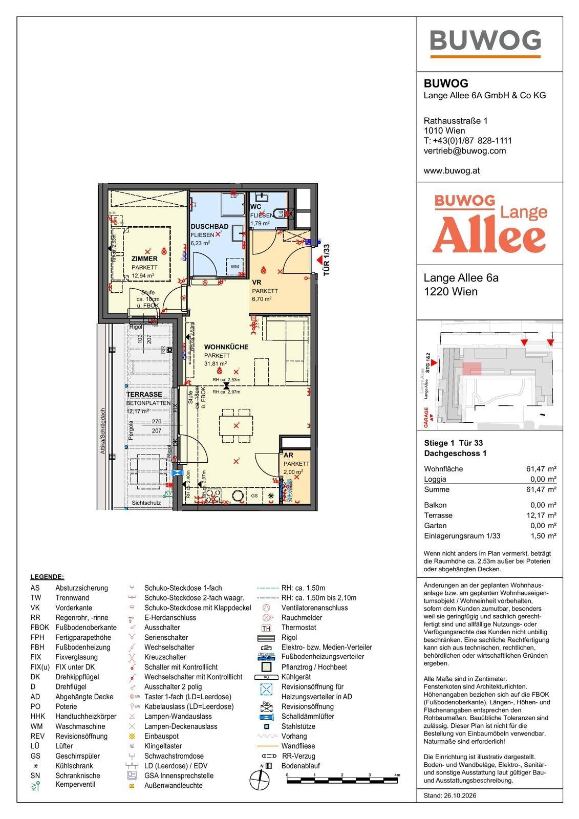 Grundriss einer 61,47 m² großen Wohnung mit Terrasse, einem Schlafzimmer und offenem Wohnbereich.