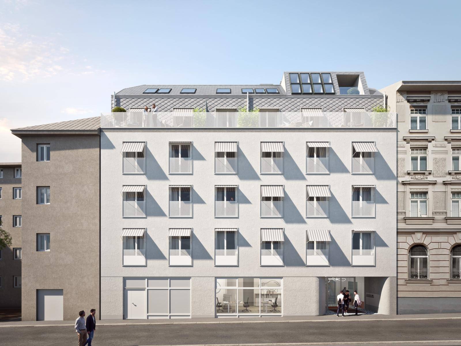Fassade eines modernen Wohngebäudes mit vielen Fenstern und Markisen an einer städtischen Straße.