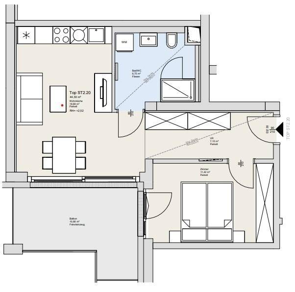Grundriss einer Wohnung mit offenem Wohnbereich, Schlafzimmer, Bad und Balkon.