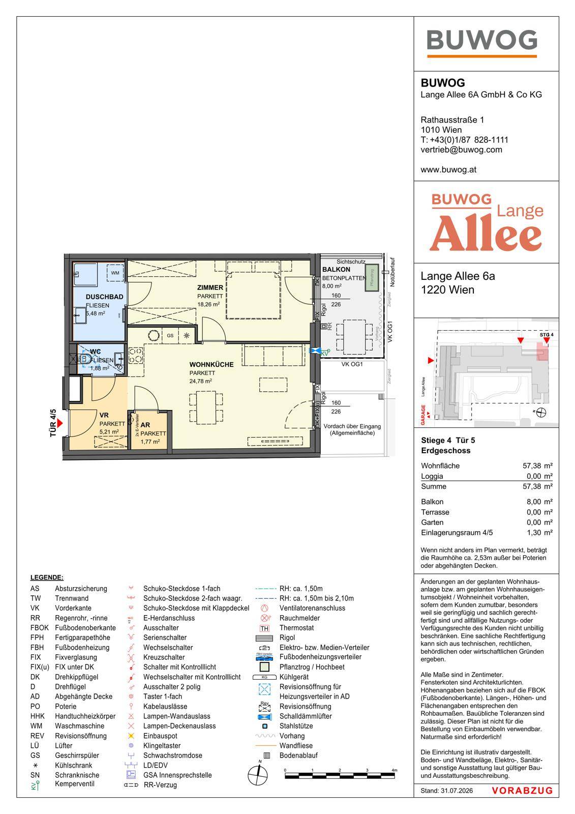 Detaillierter Grundriss einer Wohnung mit Wohnküche, Schlafzimmer und Balkon.