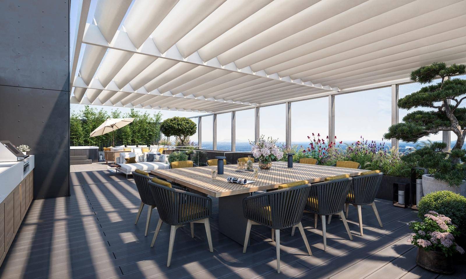 Große Dachterrasse mit Essbereich, Lounge-Möbeln, Pergola und weitem Ausblick.