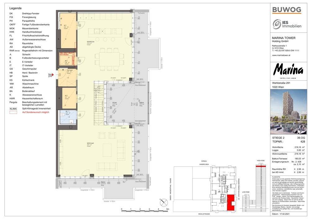 Grundriss des 39. Obergeschosses mit offenem Wohnbereich und Balkon.