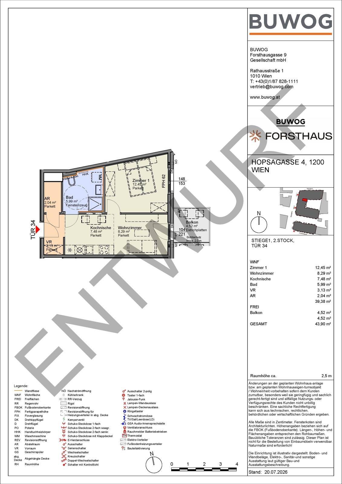 Grundriss einer Wohnung mit einem Schlafzimmer, Wohnküche und Balkonzugang.