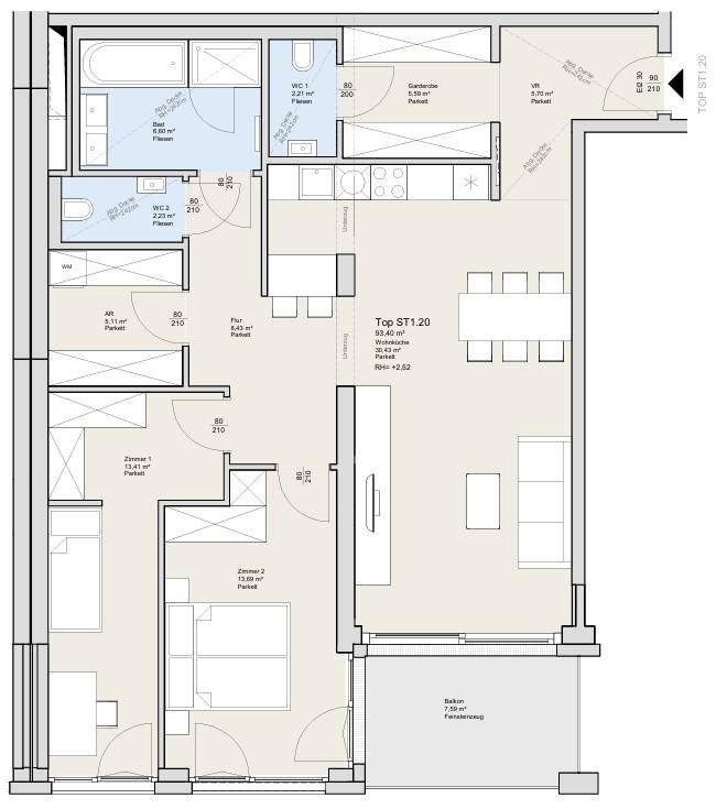 Detaillierter Grundriss einer Wohnung mit drei Zimmern, zwei Bädern und Balkon.