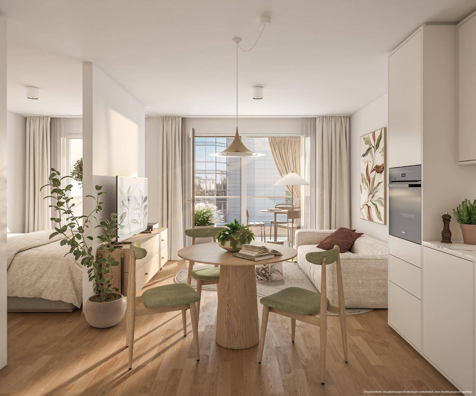 Heller offener Wohn- und Essbereich mit Holzboden, moderner Einrichtung und Zugang zum Balkon.