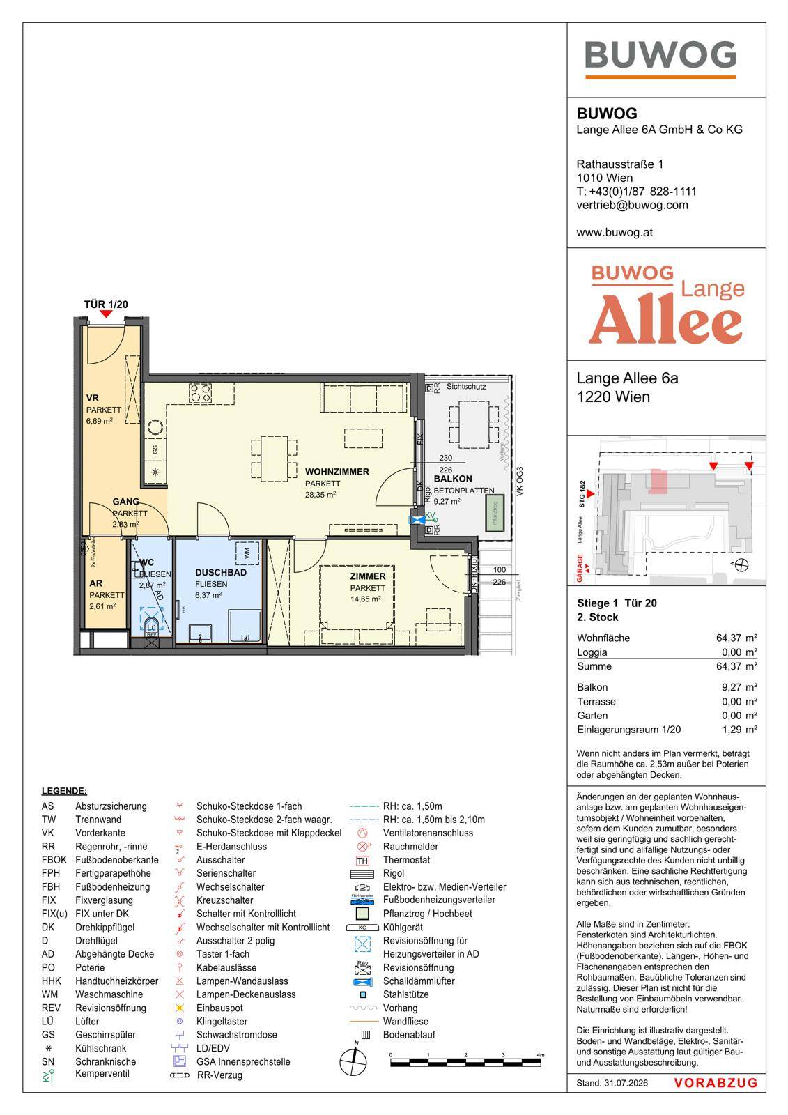 Grundriss einer Wohnung mit offenem Wohnbereich, einem Schlafzimmer, Duschbad, separatem WC und Balkon.
