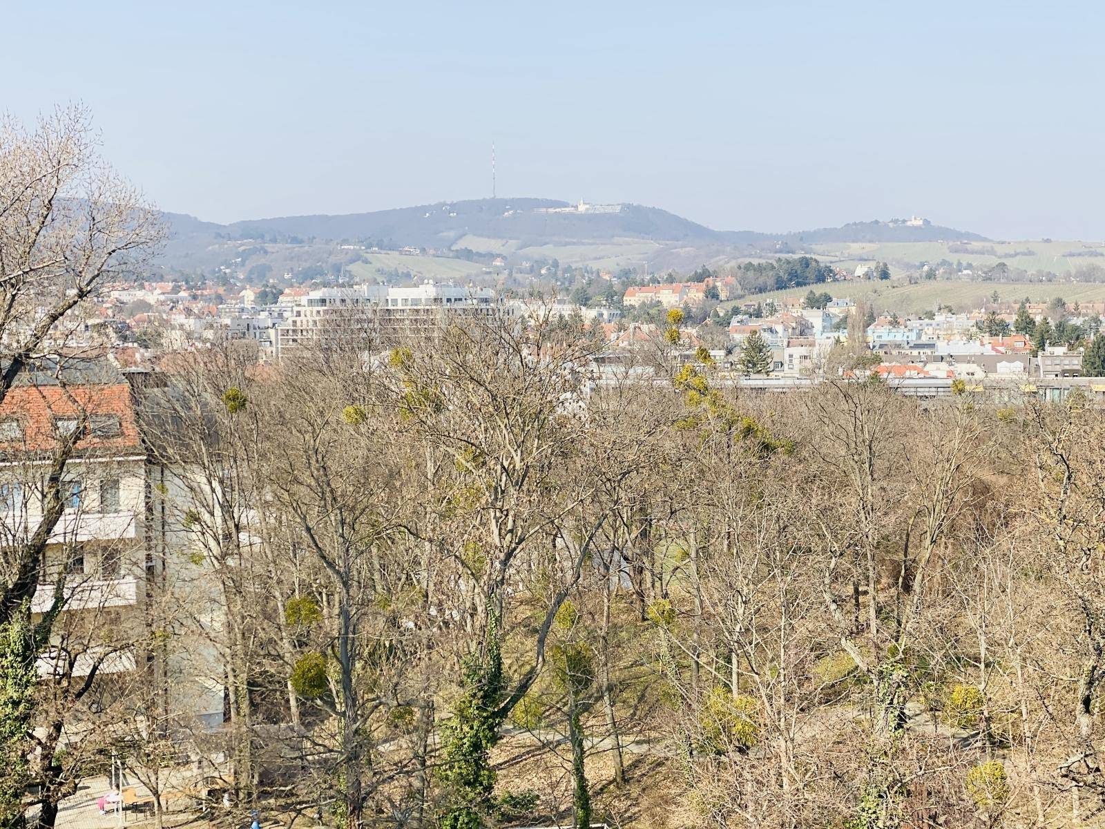 Weitblick über die Stadt und bewaldete Hügel unter blauem Himmel, der eine malerische Kulisse bietet.