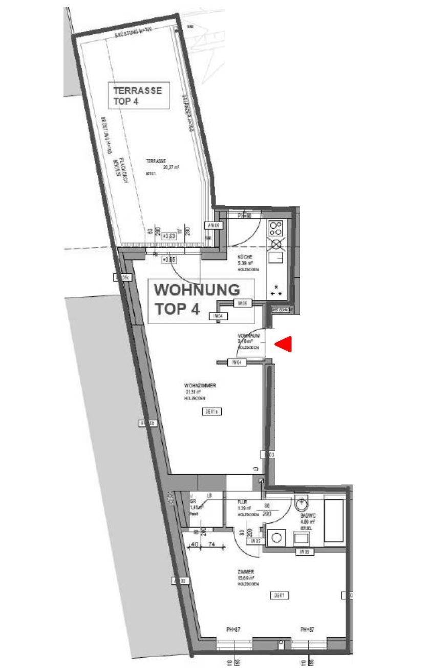 Grundriss der Wohnung Top 4 mit Terrasse, Wohnzimmer, Küche und Schlafzimmer.