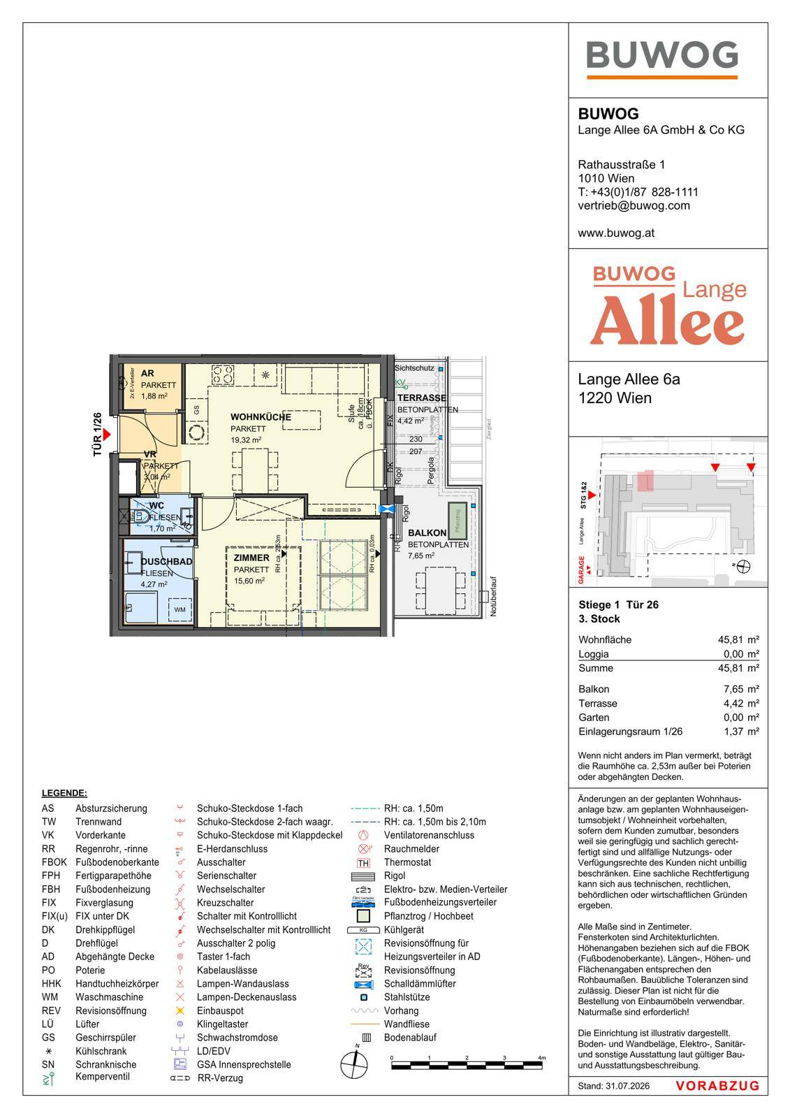 Grundriss einer modernen Wohnung mit offener Wohnküche, einem Schlafzimmer, Duschbad, separatem WC, Balkon und Terrasse.