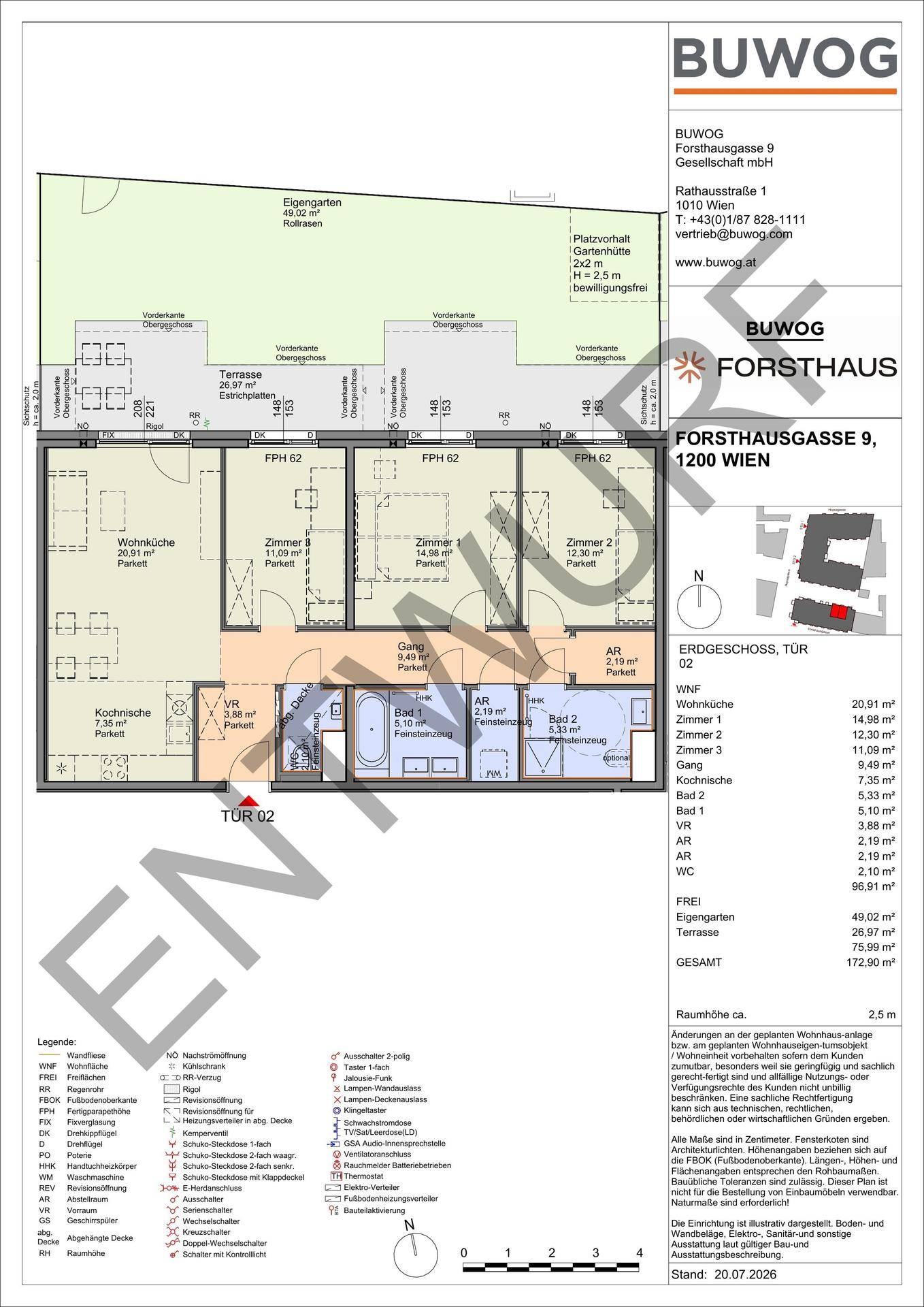Detaillierter Grundriss einer Erdgeschosswohnung mit drei Zimmern, Terrasse und Gartenanteil.