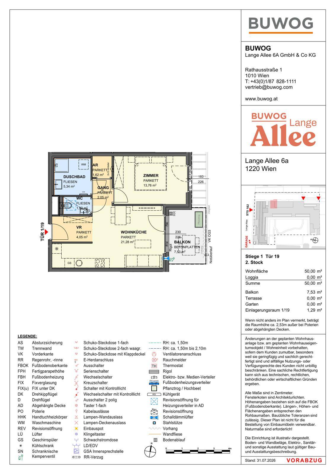 Grundriss einer Wohnung mit offener Wohnküche, einem Schlafzimmer, Duschbad, separatem WC und Balkon.