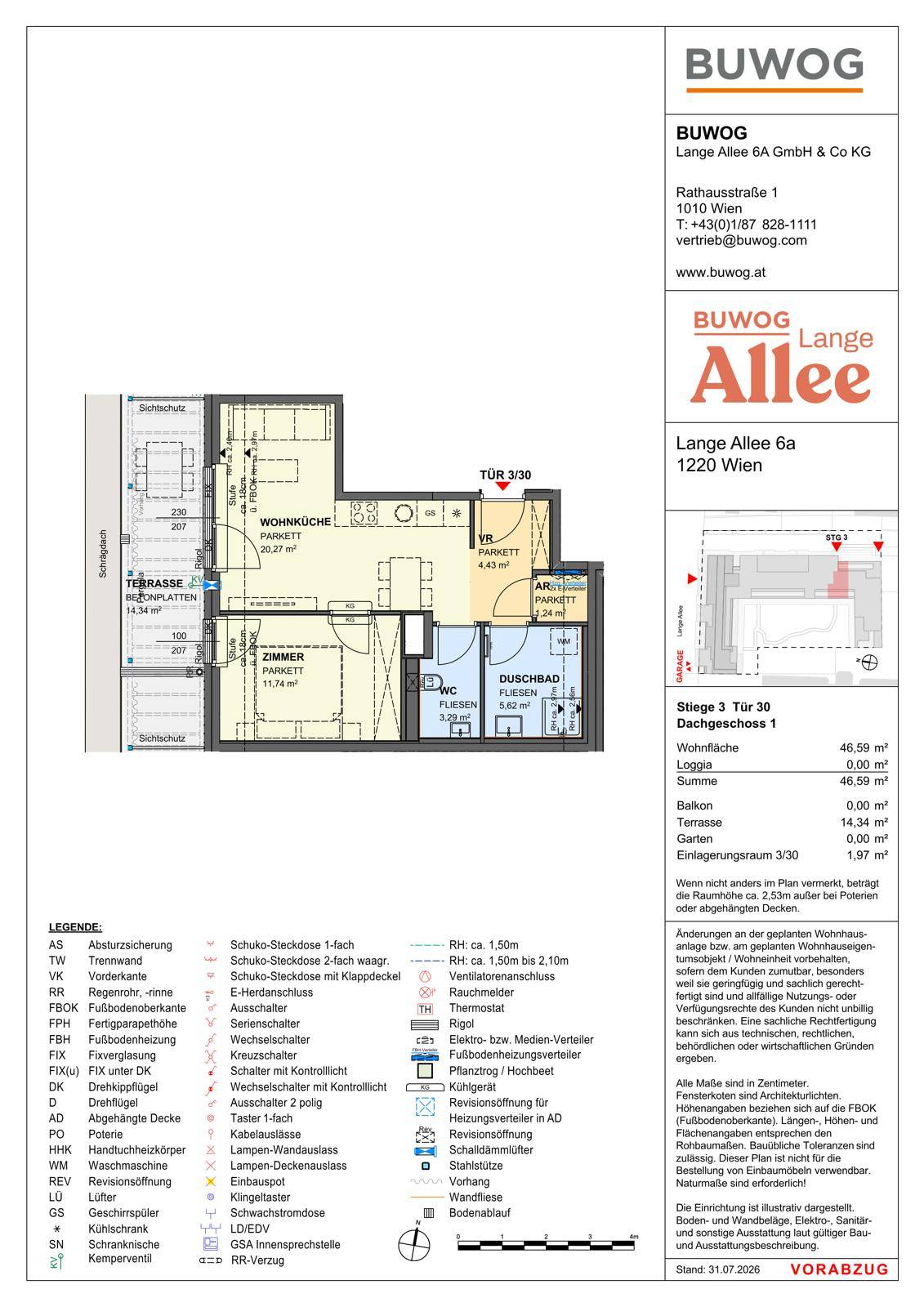 Grundriss einer Wohnung mit offener Wohnküche, Schlafzimmer, Duschbad, separatem WC und großer Terrasse.