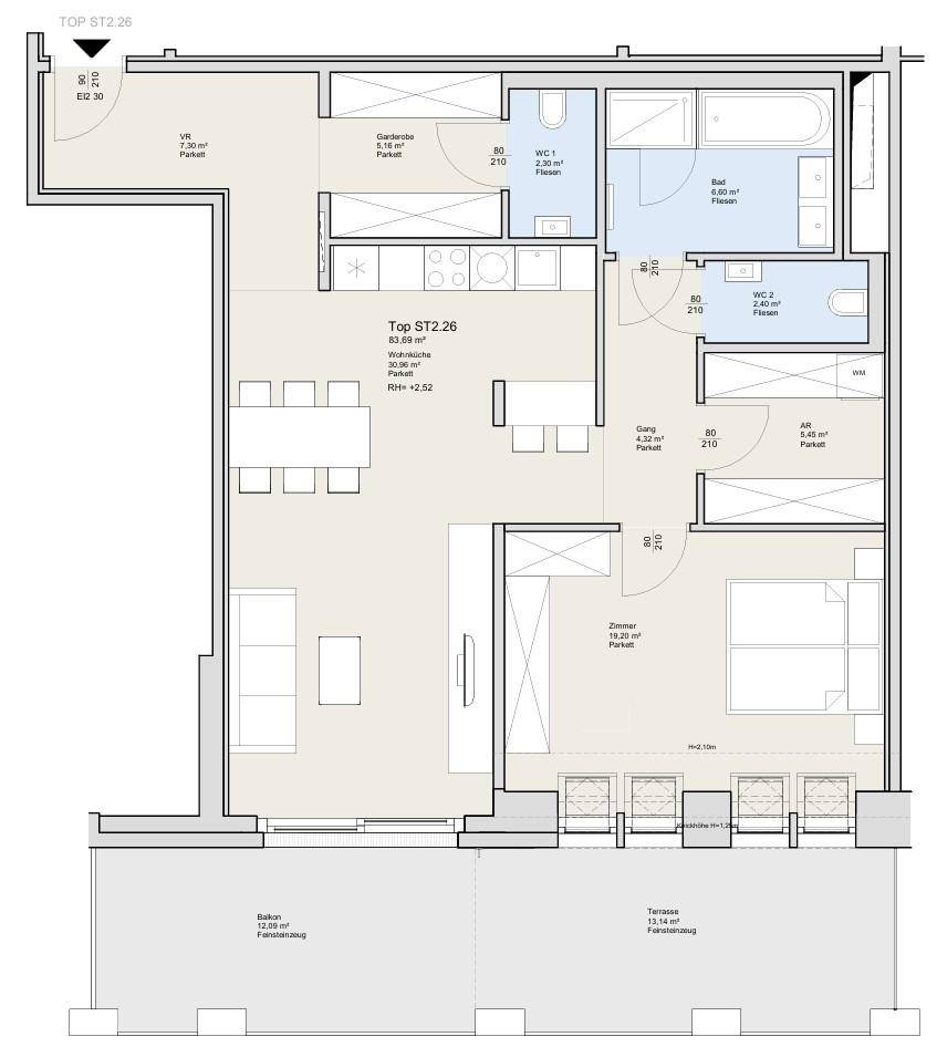 Detaillierter Grundriss einer Wohnung mit Balkon, Terrasse und zwei Bädern.