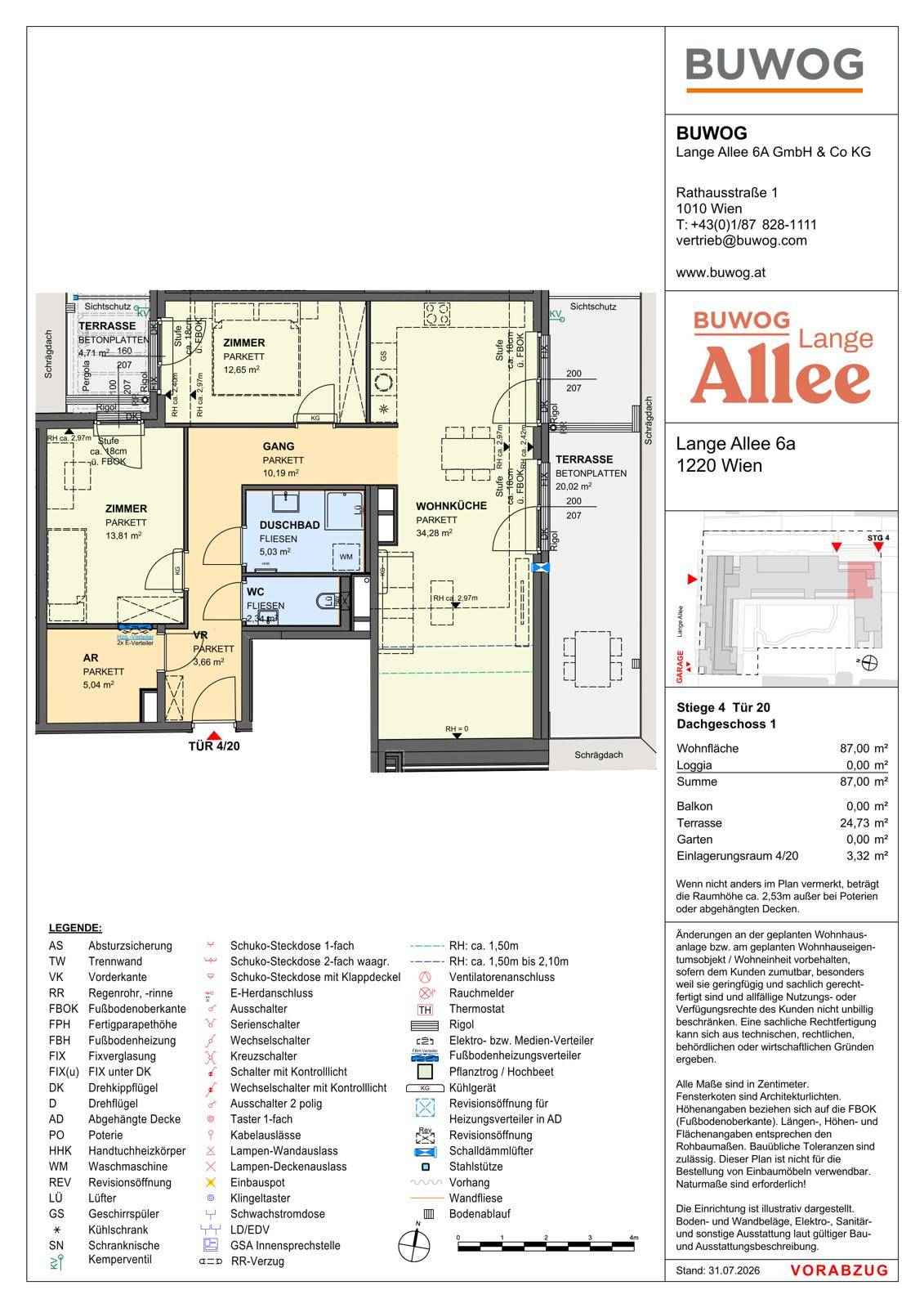 Grundriss einer Dachgeschosswohnung mit zwei Schlafzimmern, offener Wohnküche und zwei großzügigen Terrassen.