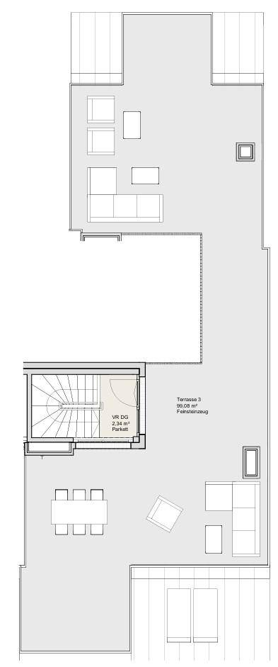 Grundriss der oberen Ebene mit großer Dachterrasse und zusätzlichem offenen Bereich.