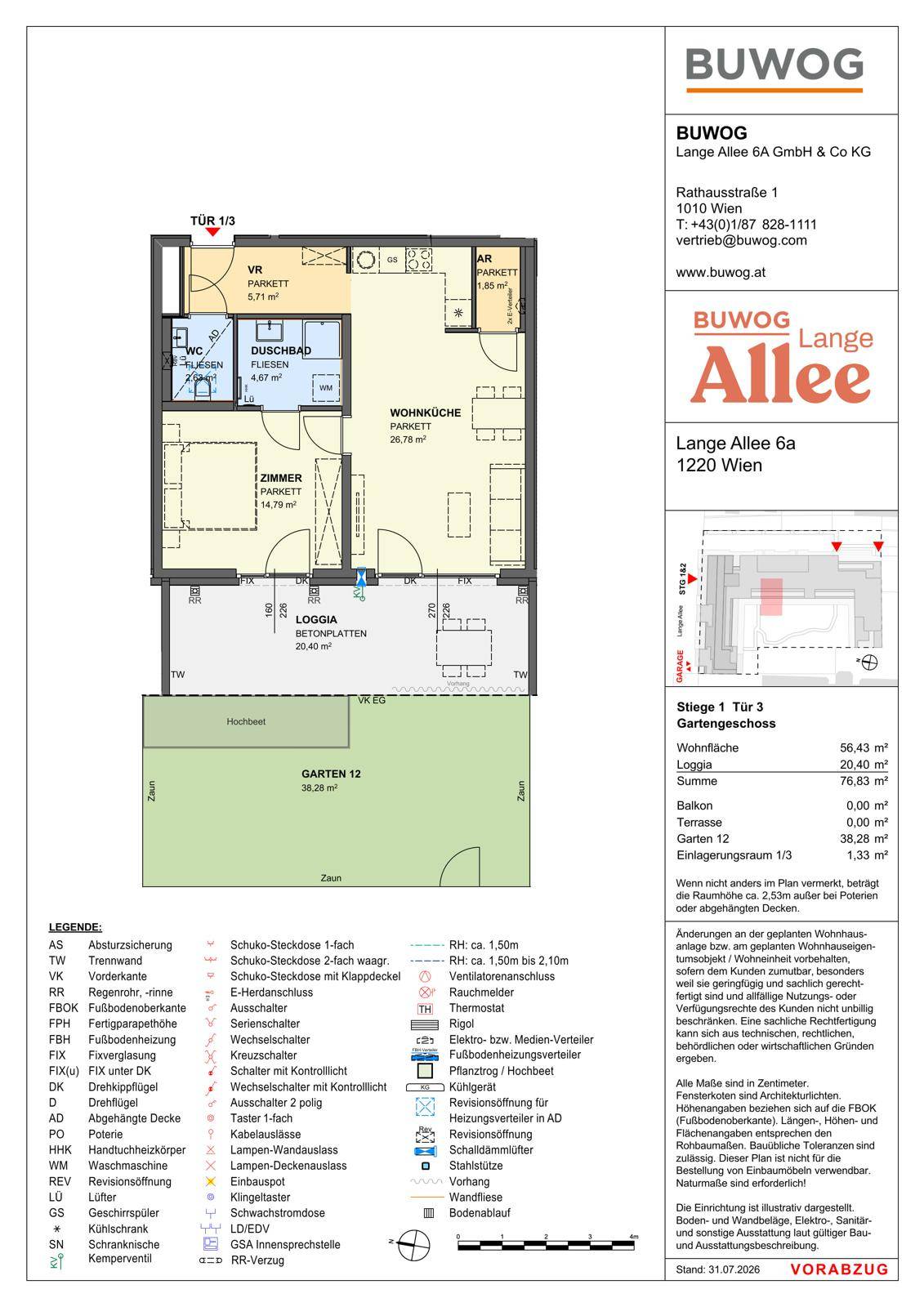 Detaillierter Grundriss einer Wohnung mit Loggia und Garten, inklusive Legende und Flächenangaben.