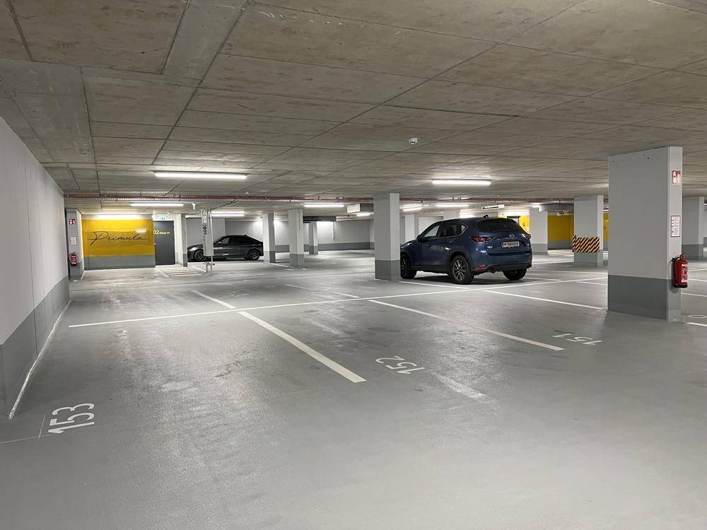 Weitläufige Tiefgarage mit nummerierten Stellplätzen und moderner Beleuchtung.