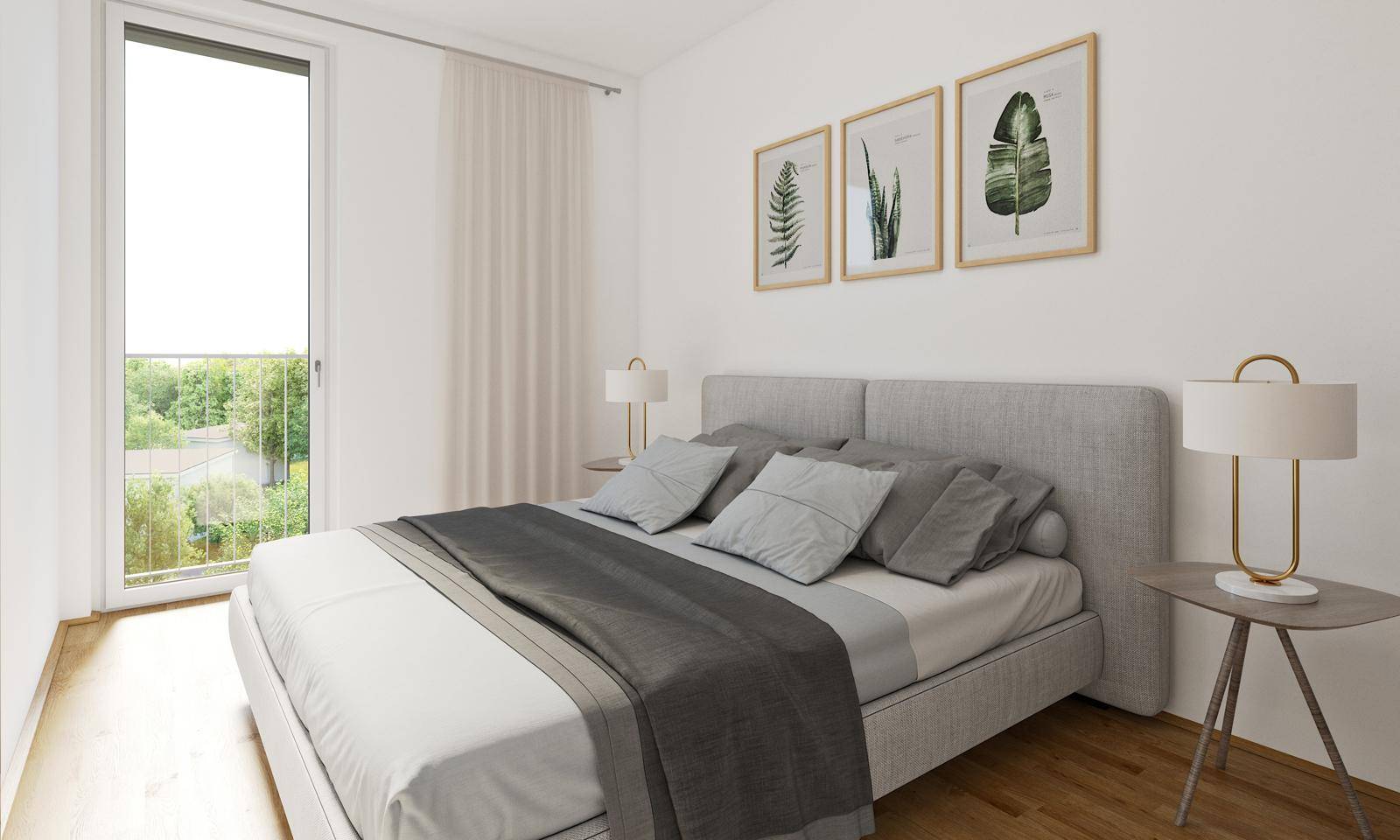 Modernes Schlafzimmer mit großem Bett, Holzboden und viel natürlichem Licht.