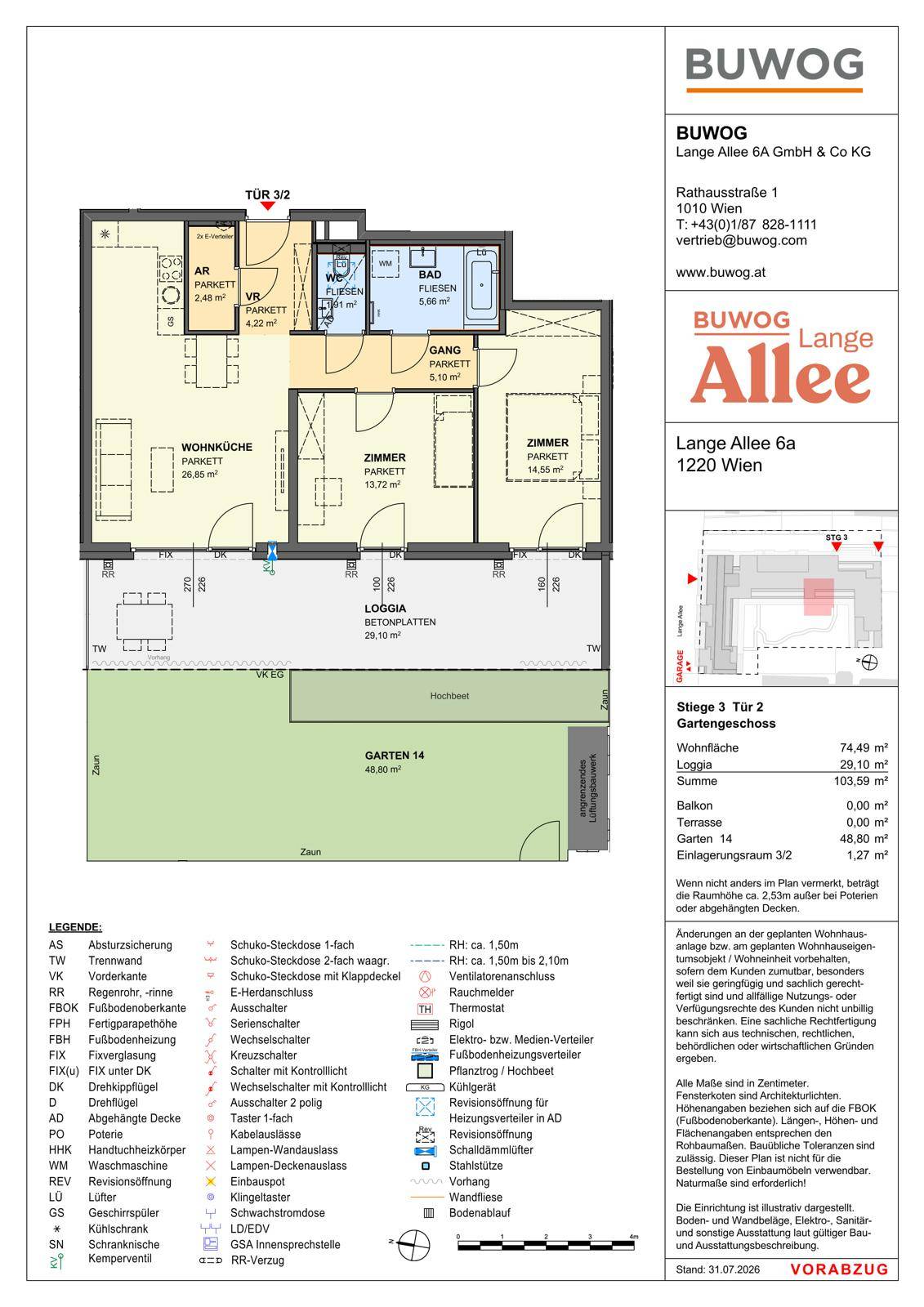 Grundriss einer Wohnung mit offener Wohnküche, zwei Schlafzimmern, Loggia und privatem Gartenanteil.