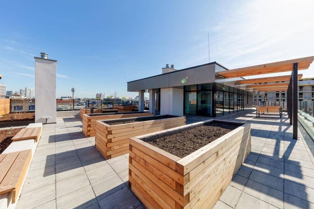 Dachterrasse mit Holzpflanzgefäßen, Sitzbänken und einem modernen Gebäude im Hintergrund.