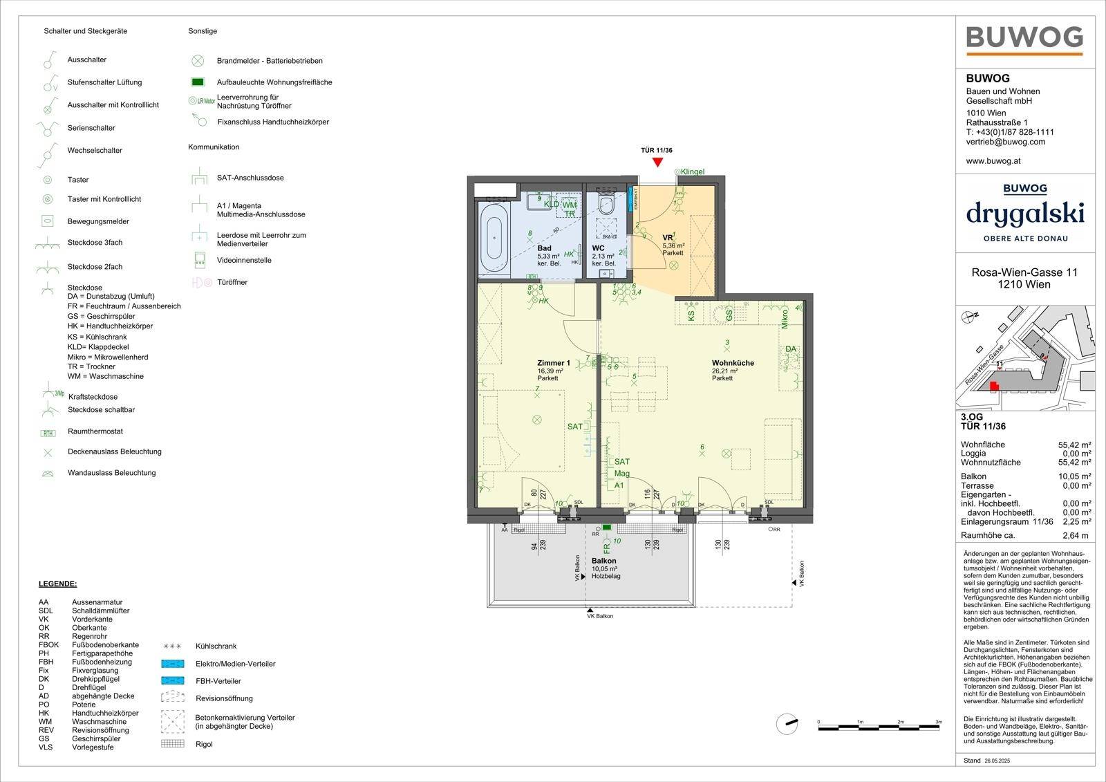 Detaillierter Grundriss einer Wohnung mit zwei Zimmern, Bad und Balkon.