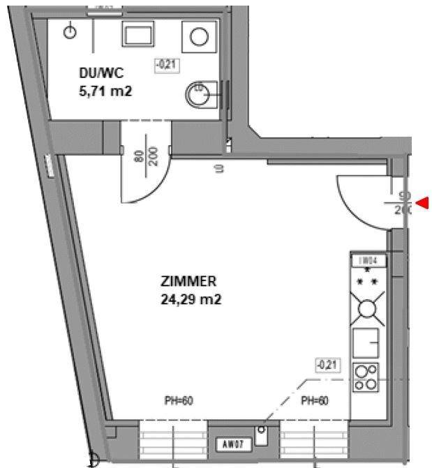 Grundriss einer Wohnung mit einem Zimmer, integrierter Küche und Duschbad.