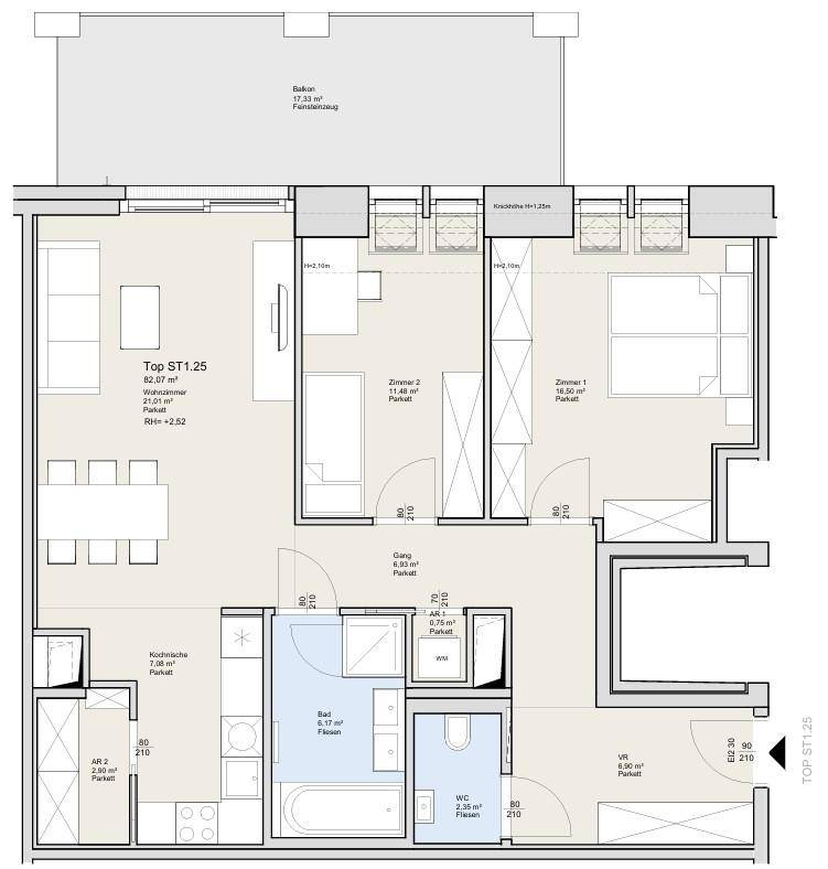 Grundriss einer Wohnung mit drei Zimmern, Balkon und separatem WC.