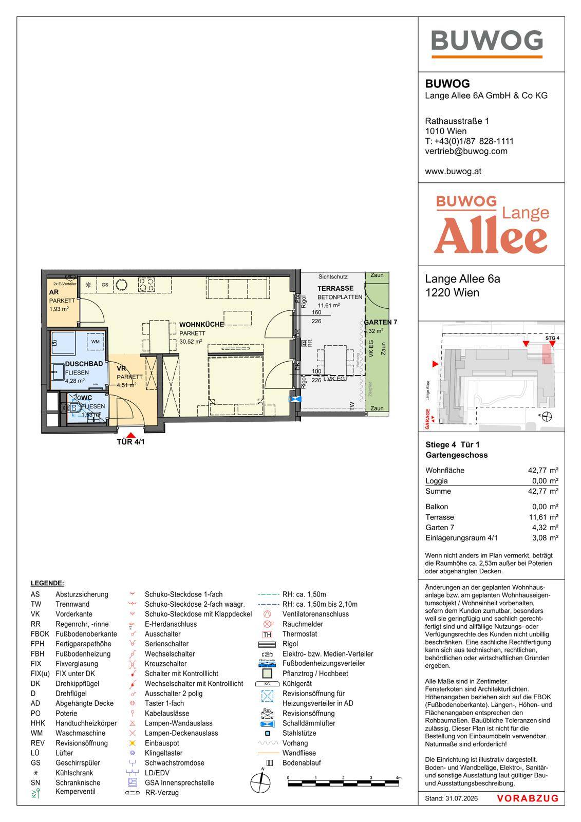 Grundriss einer Wohnung mit offener Wohnküche, Duschbad, separatem WC, Terrasse und Gartenanteil.