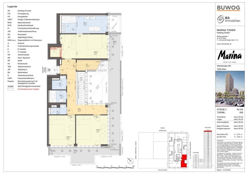 Grundriss des 40. Obergeschosses mit Schlafzimmern, Bädern und Treppenaufgang.