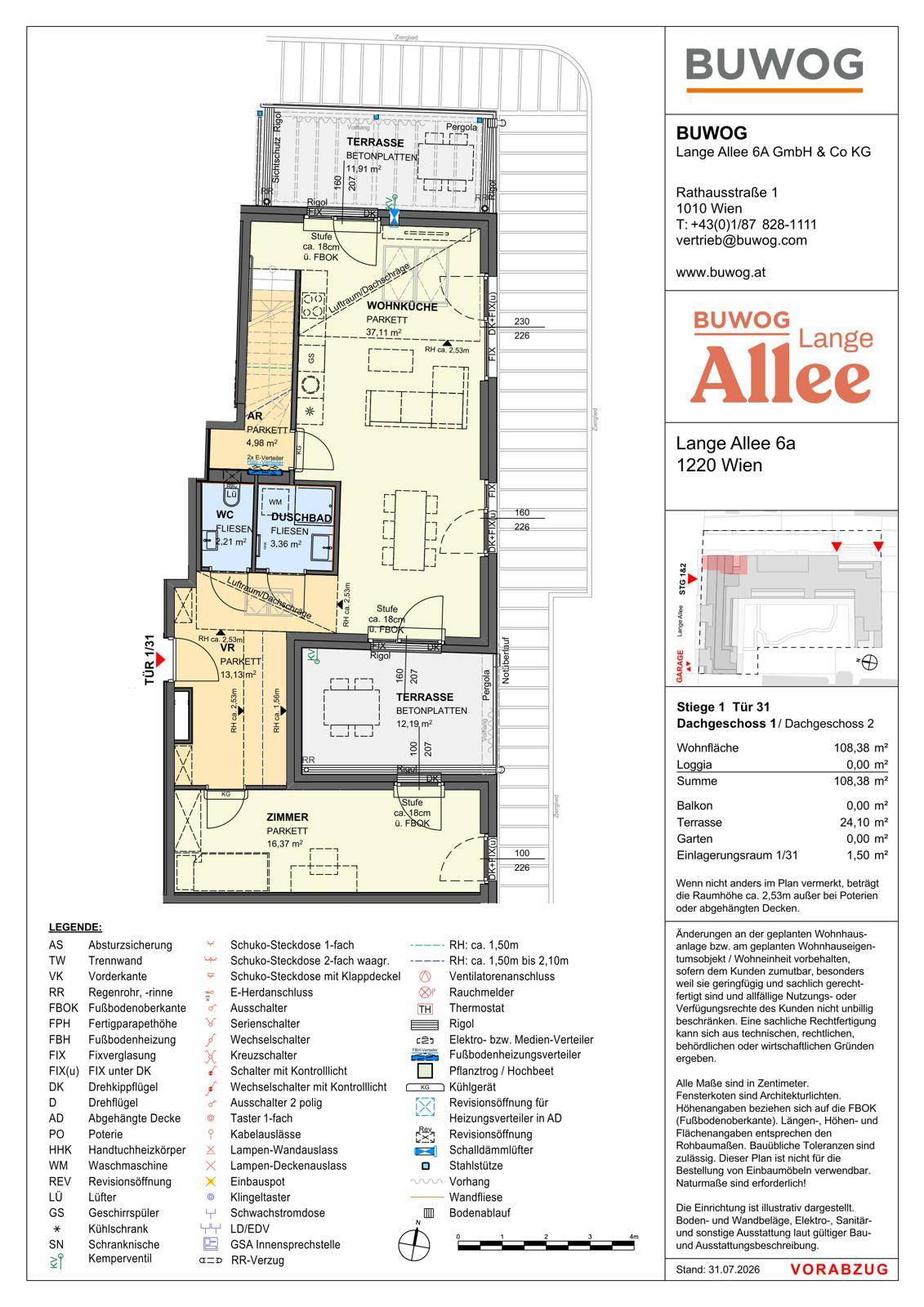 Grundriss einer modernen Wohnung mit mehreren Zimmern, Bädern, offenem Wohn-Essbereich und zwei Terrassen.