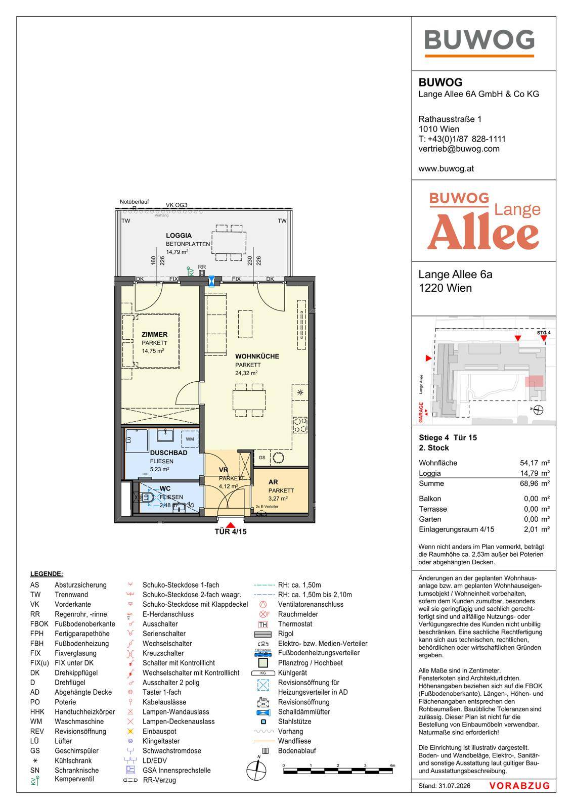 Grundriss einer Wohnung im zweiten Stock mit offener Wohnküche, einem Schlafzimmer und Loggia.