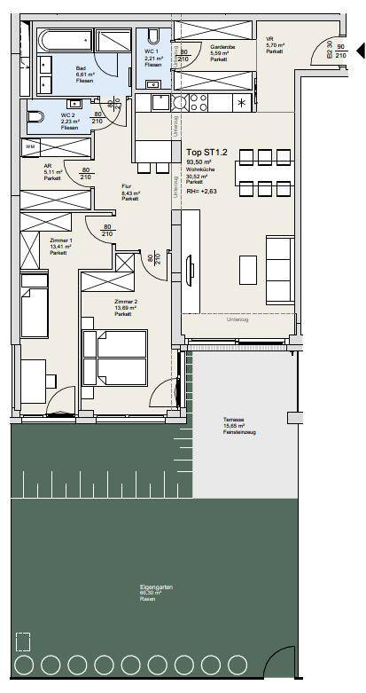 Grundriss einer Wohnung mit drei Zimmern, Terrasse und eigenem Gartenbereich.