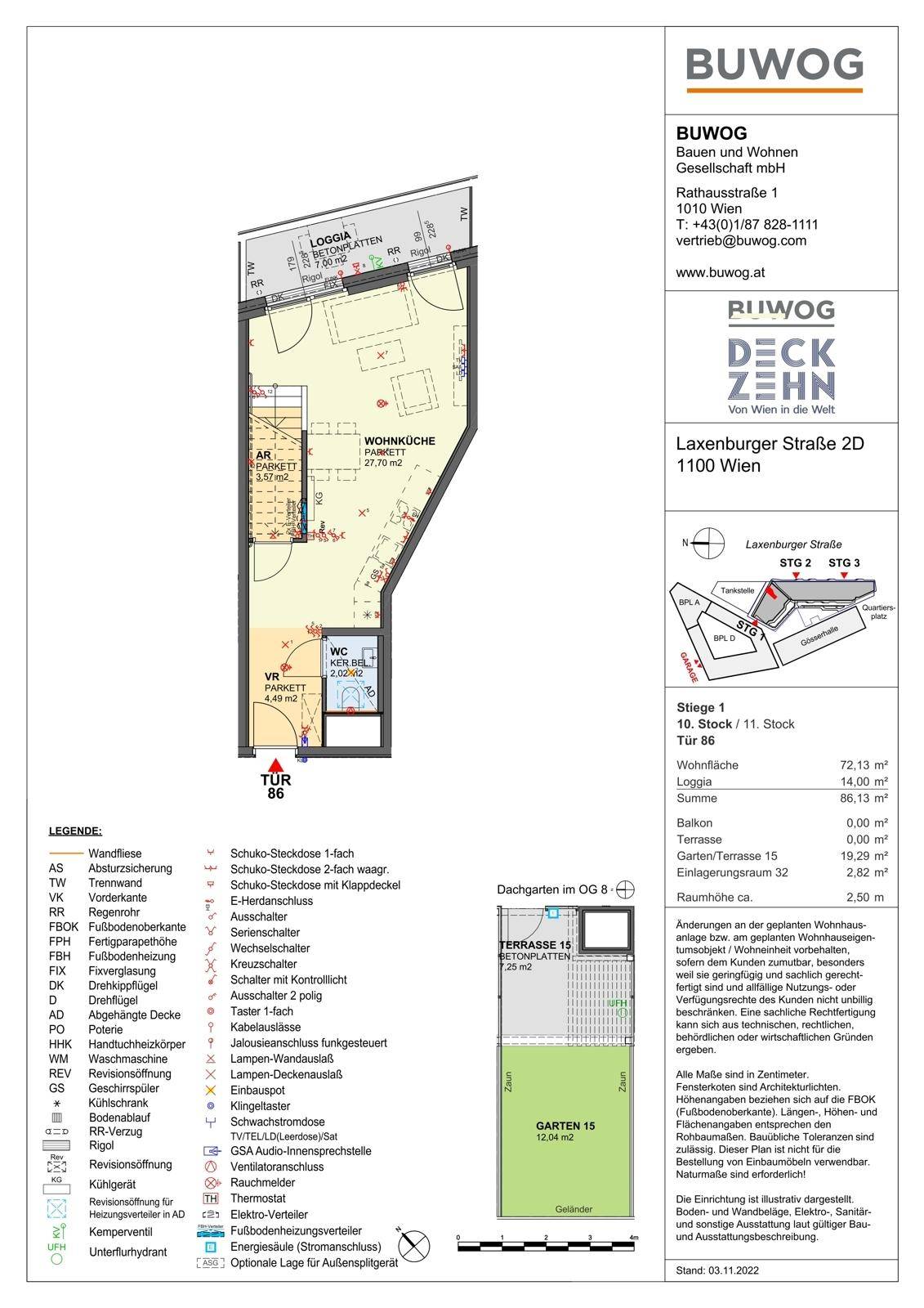 Grundriss einer Wohnung mit offener Wohnküche, WC, Loggia und Zugang zu Dachgarten und Terrasse.