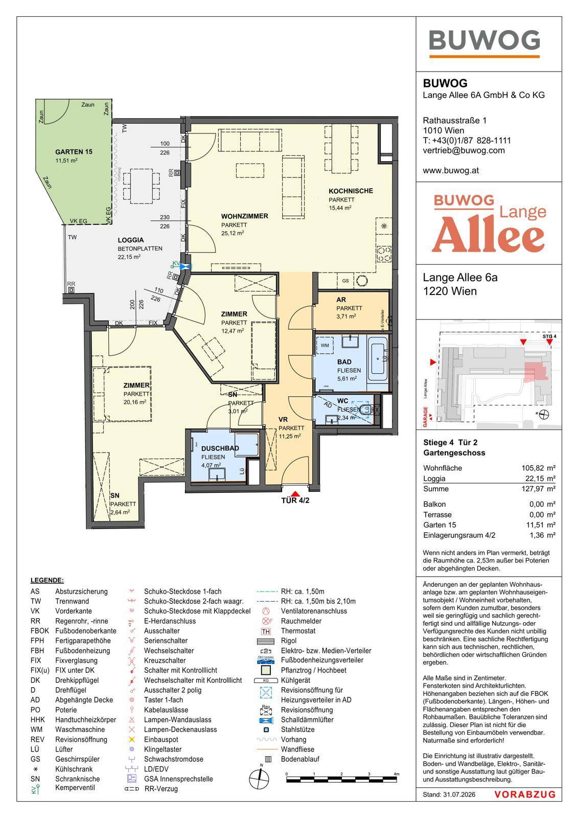 Detaillierter Grundriss einer Wohnung mit Garten, Loggia und separatem Duschbad.